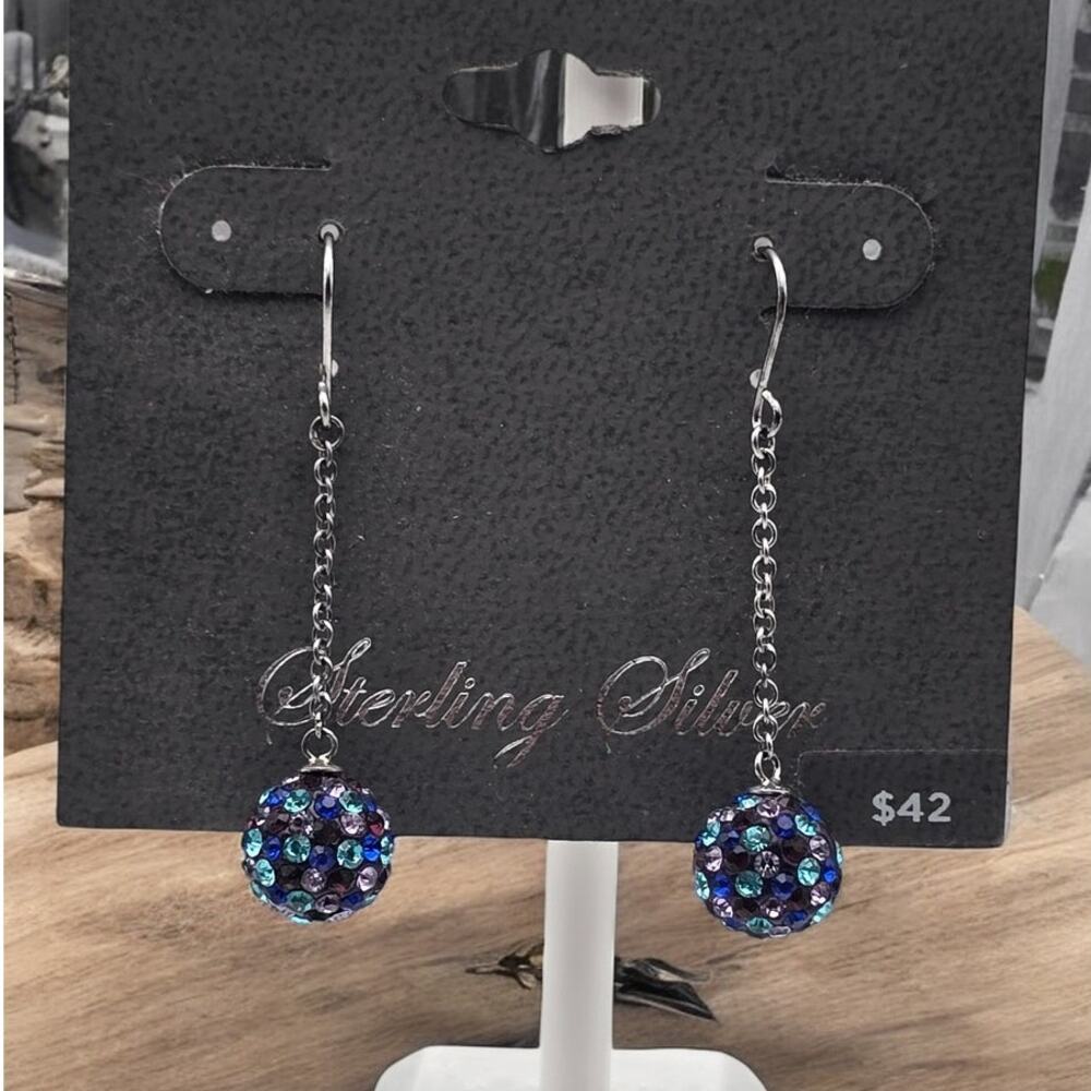 Blue Purple Crystal Ball Drop Earrings Sterling Silver 925 Night Luxe